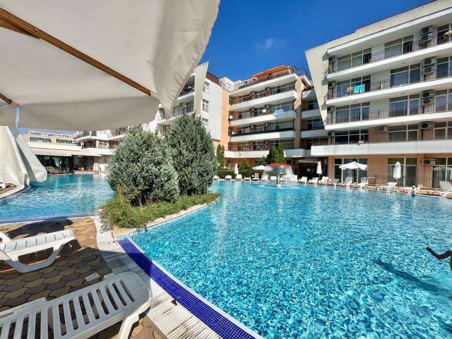 View of a swimming pool at Grand Kamelia in Sunny Beach, Bulgaria.