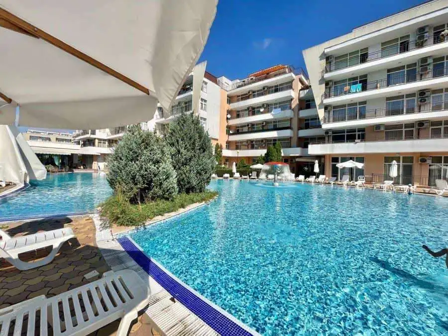 View of a swimming pool at Grand Kamelia in Sunny Beach, Bulgaria.