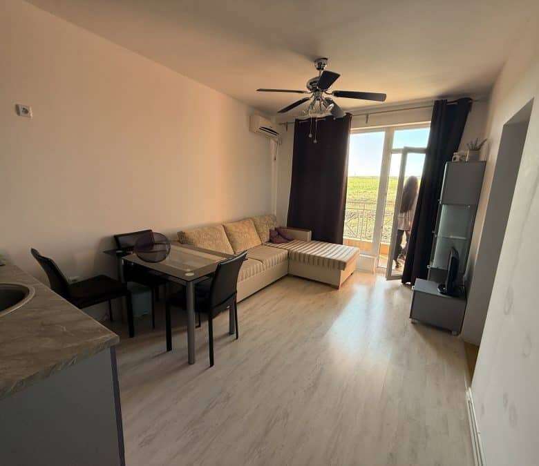 Bright living room with large window and balcony access.
