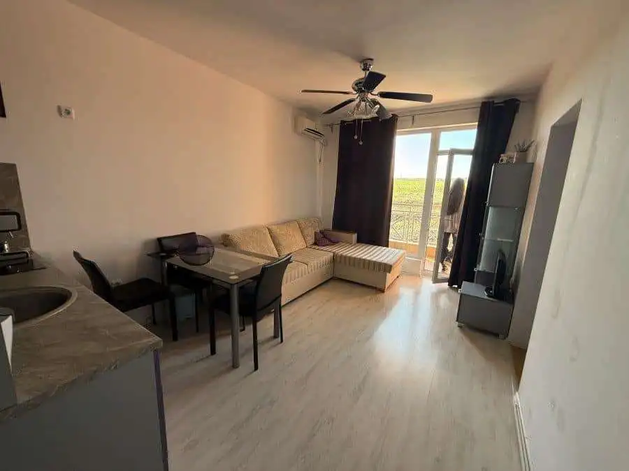 Bright living room with large window and balcony access.
