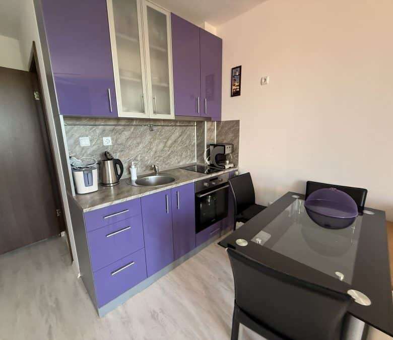 Modern 1-bedroom apartment with purple kitchen cabinets and dining area, sunny day lighting.