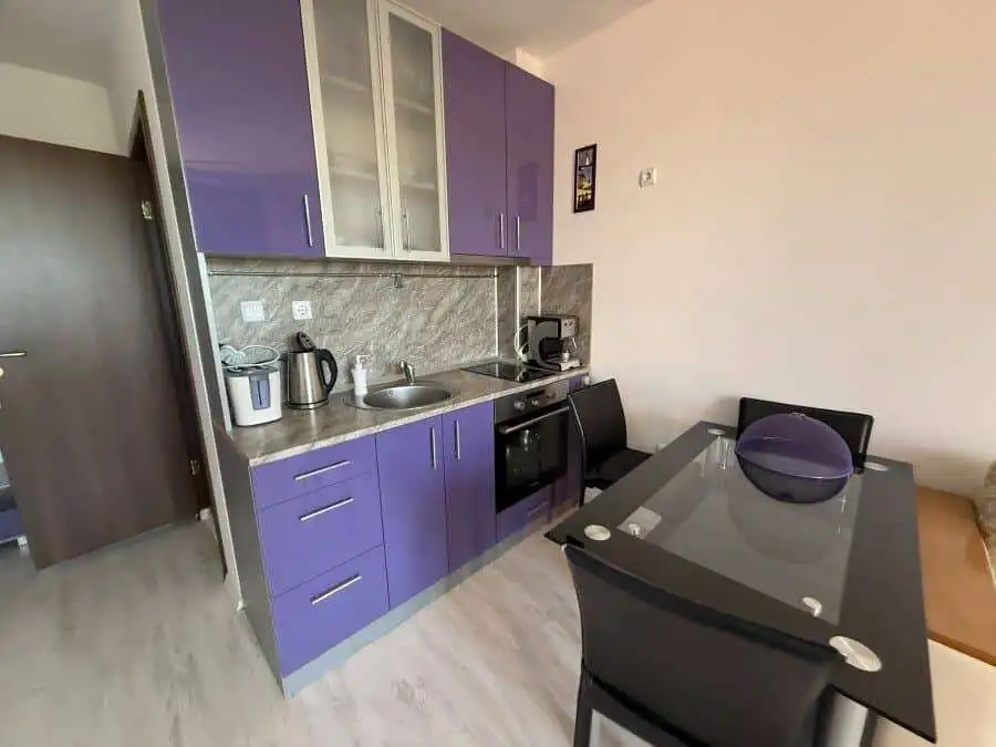 Modern 1-bedroom apartment with purple kitchen cabinets and dining area, sunny day lighting.