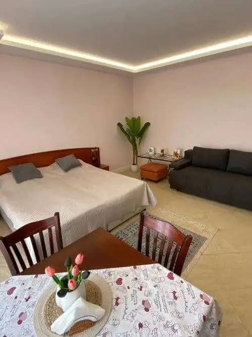 Interior of a spacious studio with pool view, modern furniture, and bright lighting in Palazzo, Sunn.