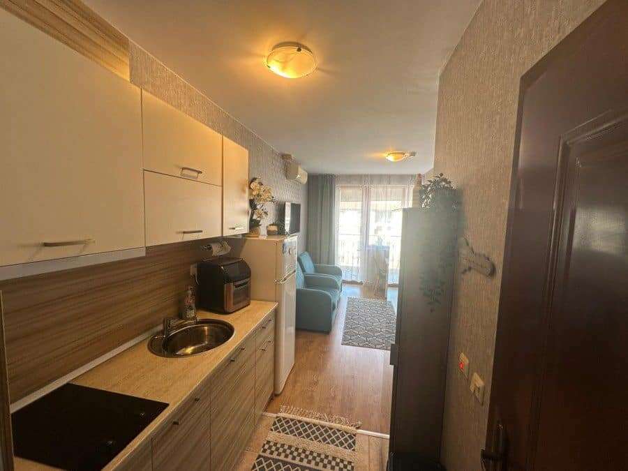Apartment with pool view, compact living space, and modern amenities in Apollon, Ravda.