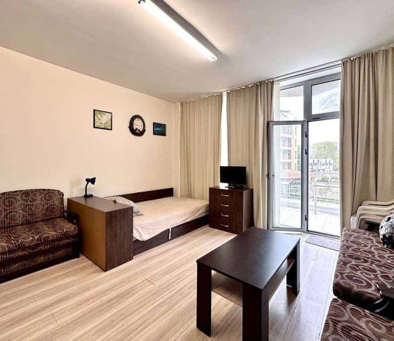 Modern studio apartment in Perla, Sunny Beach, 300m from the beach, fully furnished with living area.