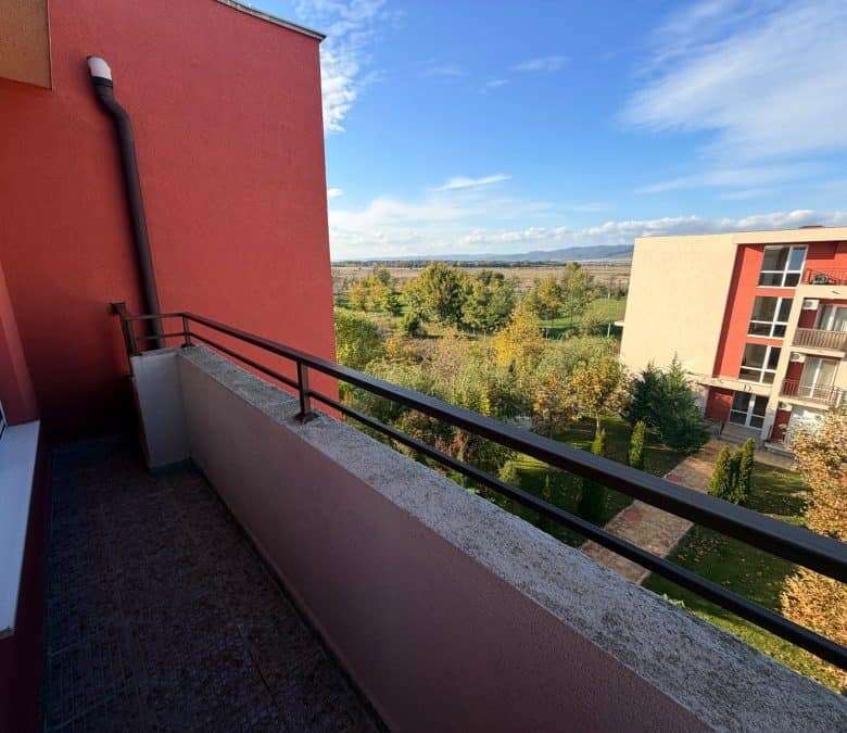 Balcony of a 2-bedroom top floor apartment at Holiday Fort Club, Sunny Beach, offering scenic views.