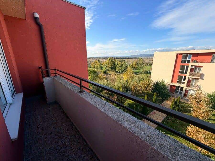 Balcony of a 2-bedroom top floor apartment at Holiday Fort Club, Sunny Beach, offering scenic views.