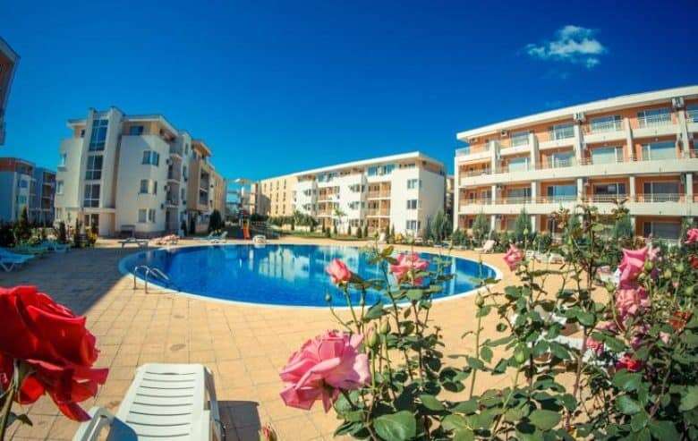 Bright view of the pool and surrounding apartments at Holiday Fort Club, Sunny Beach, just 900m from.