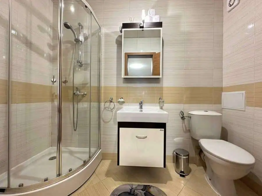 Modern bathroom with shower, sink, and toilet in a luxury seaside studio. Perfect for relaxing stays.
