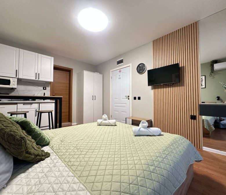 Sea view luxury studio in Sveti Vlas, Bulgaria, with modern interior and open-plan design.