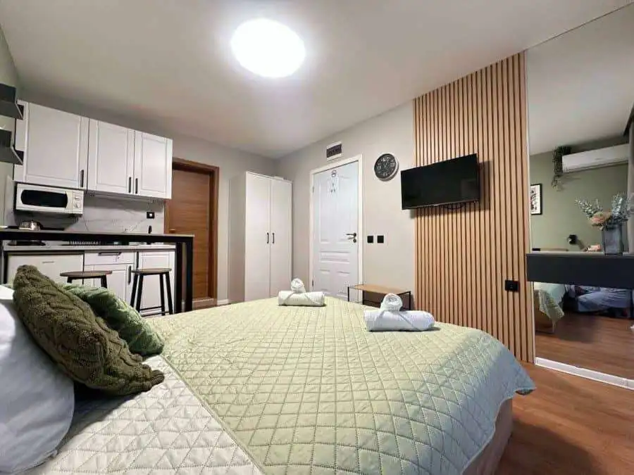 Sea view luxury studio in Sveti Vlas, Bulgaria, with modern interior and open-plan design.