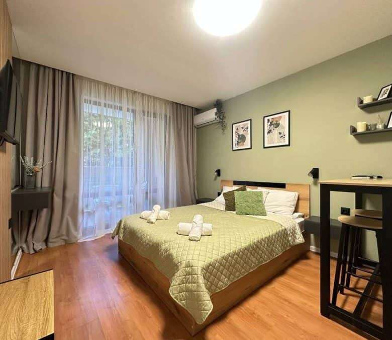 Sea view studio apartment in Sveti Vlas with stylish interior and balcony access.