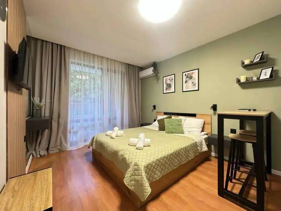 Sea view studio apartment in Sveti Vlas with stylish interior and balcony access.