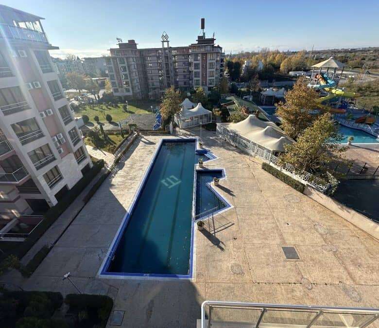 View of the spacious furnished studio with a pool at Tarsis Club and SPA, Sunny Beach.