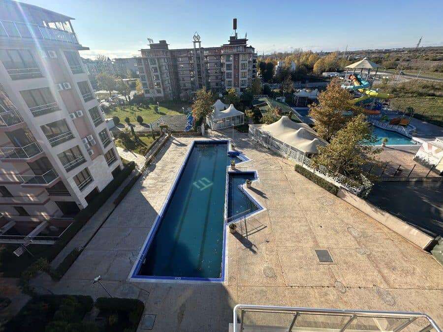 View of the spacious furnished studio with a pool at Tarsis Club and SPA, Sunny Beach.
