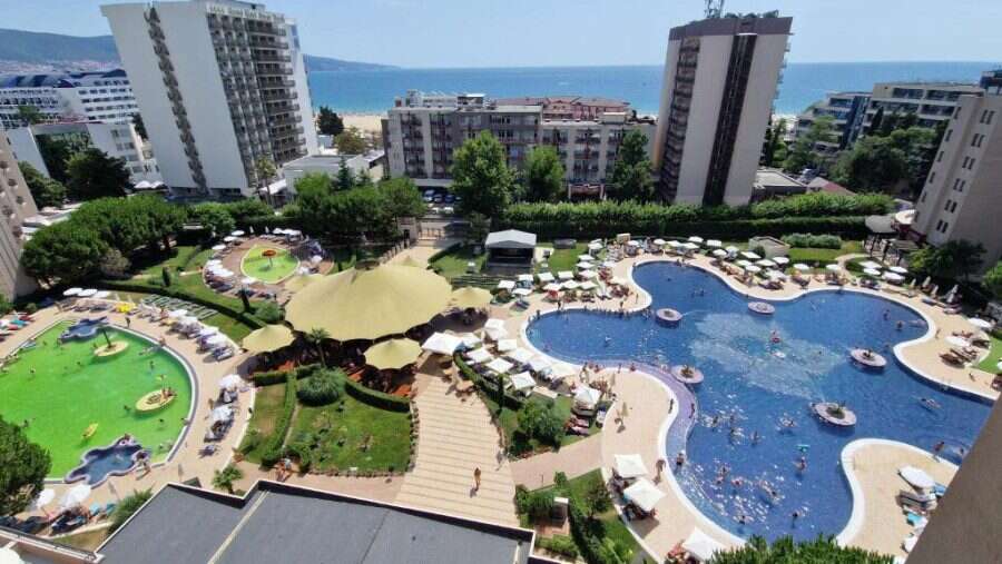 Sea view studio apartment in Barcelo Royal Beach, Sunny Beach, with access to pools and lush gardens.