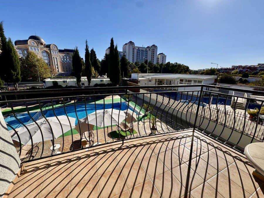 Pool view of a 1-bedroom apartment in Belle Air, Sveti Vlas, near the sea.