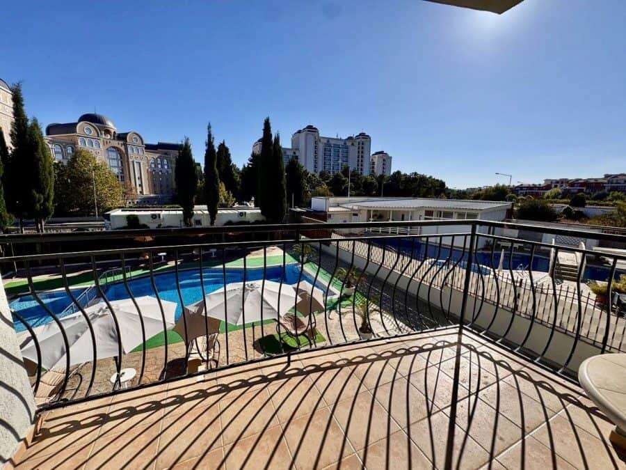 Pool view of 1-bedroom apartment in Belle Air, Sveti Vlas, just 300m from the sea.