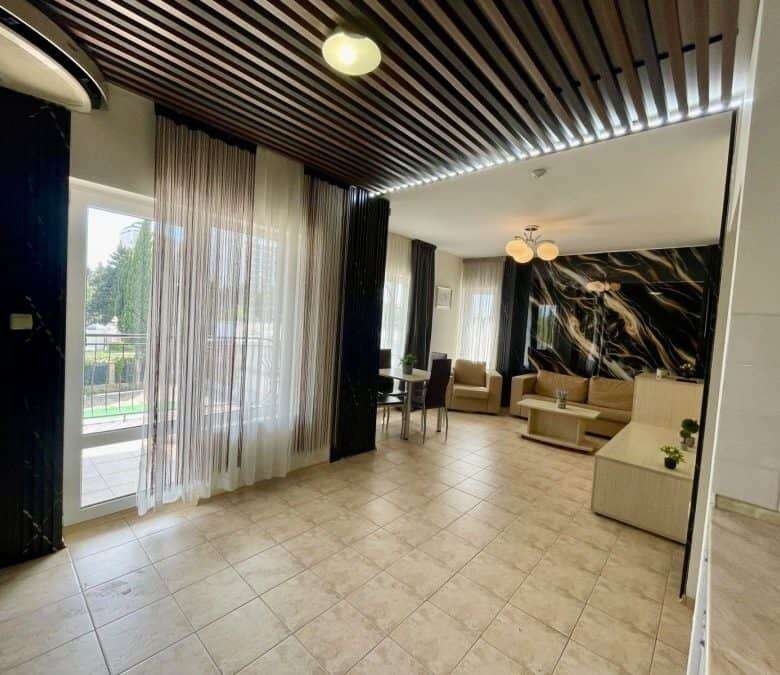 Bright living room with large windows and pool view, in Belle Air, Sveti Vlas, just 300m from the se.