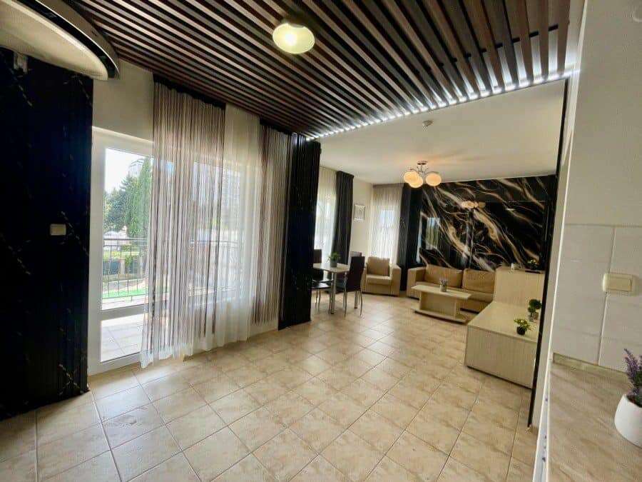 Bright living room with large windows and pool view, in Belle Air, Sveti Vlas, just 300m from the se.