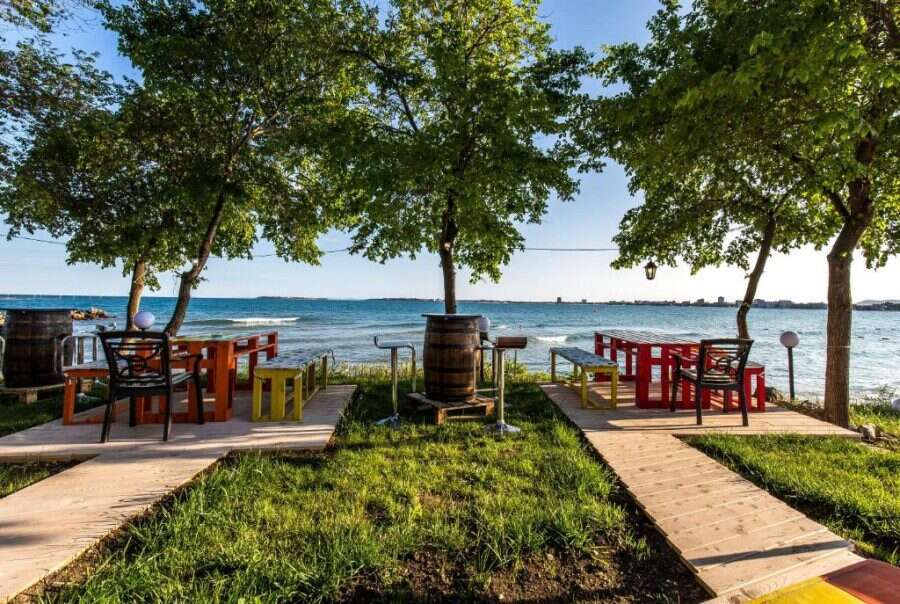 Outdoor dining setup near the sea with colorful chairs and tables under lush green trees.
