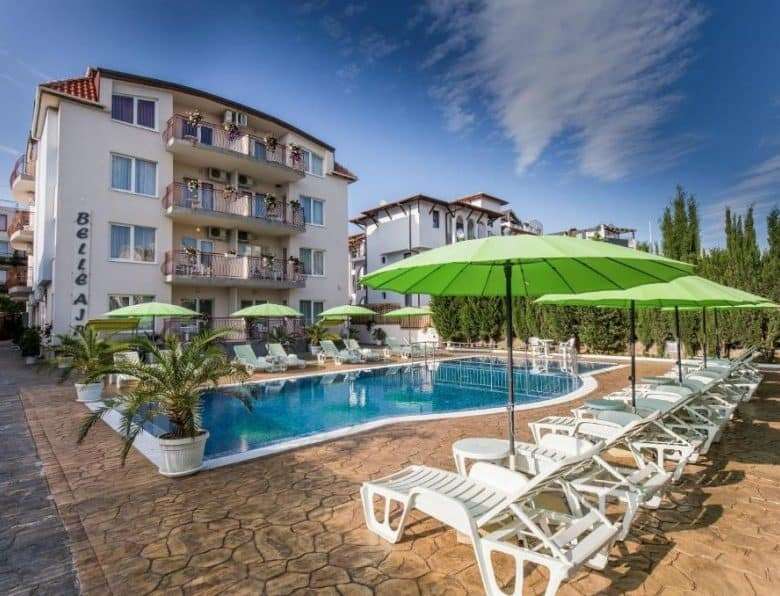 Modern pool area at Belle Air complex near Sveti Vlas, Bulgaria.