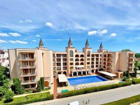 Pool view 1-bedroom apartment in Palazzo, Sunny Beach, offering modern living and access to a large.