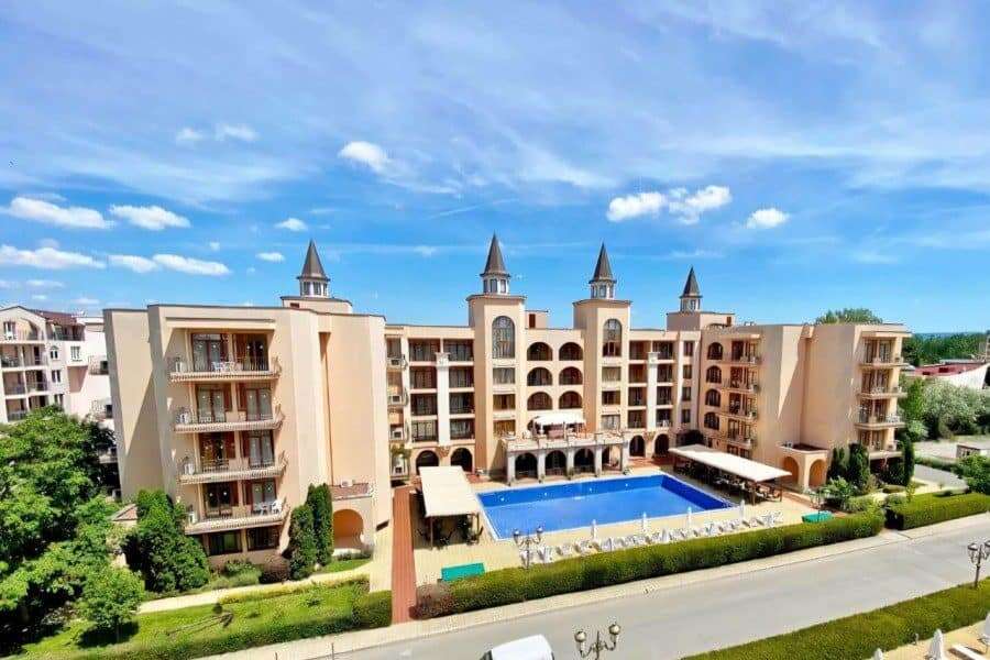 Pool view 1-bedroom apartment in Palazzo, Sunny Beach, offering modern living and access to a large.