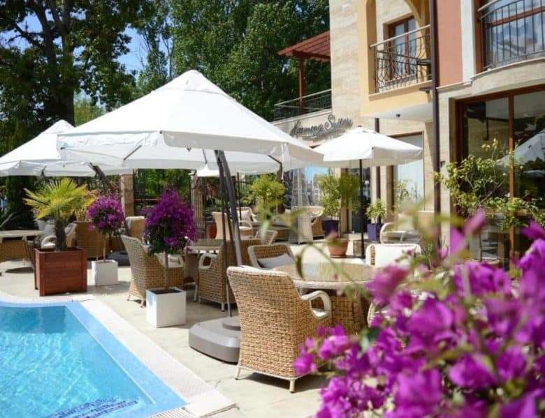 Pool view 1-bedroom apartment with outdoor seating in Harmony Suites, Jungle, Sunny Beach.