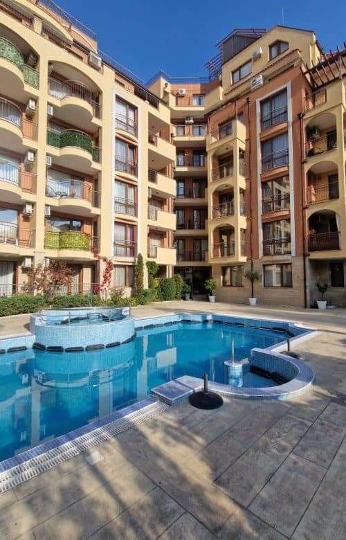 Bright view of the pool from a 1-bedroom apartment in Harmony Suites, Jungle, Sunny Beach.