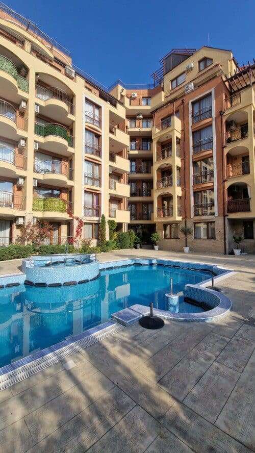 Bright view of the pool from a 1-bedroom apartment in Harmony Suites, Jungle, Sunny Beach.