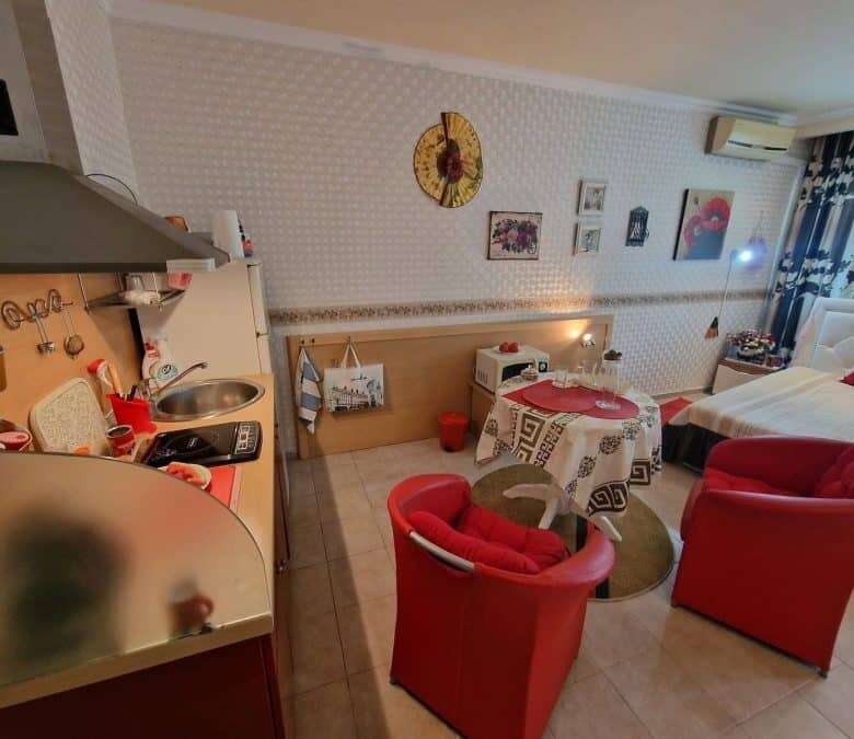 Bright interior of a pool view studio in Planeta, Sunny Beach, just 50 meters from the sea.