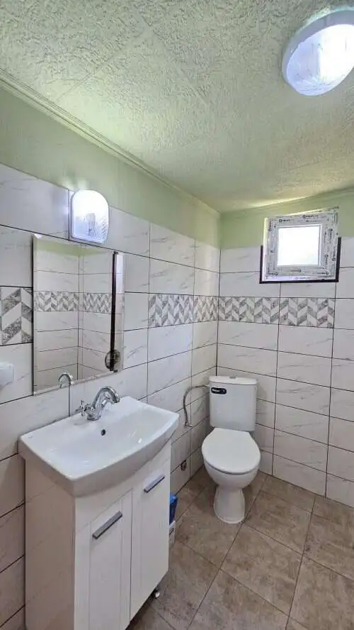 Bright bathroom with new sink, mirror, and toilet in a renovated house.