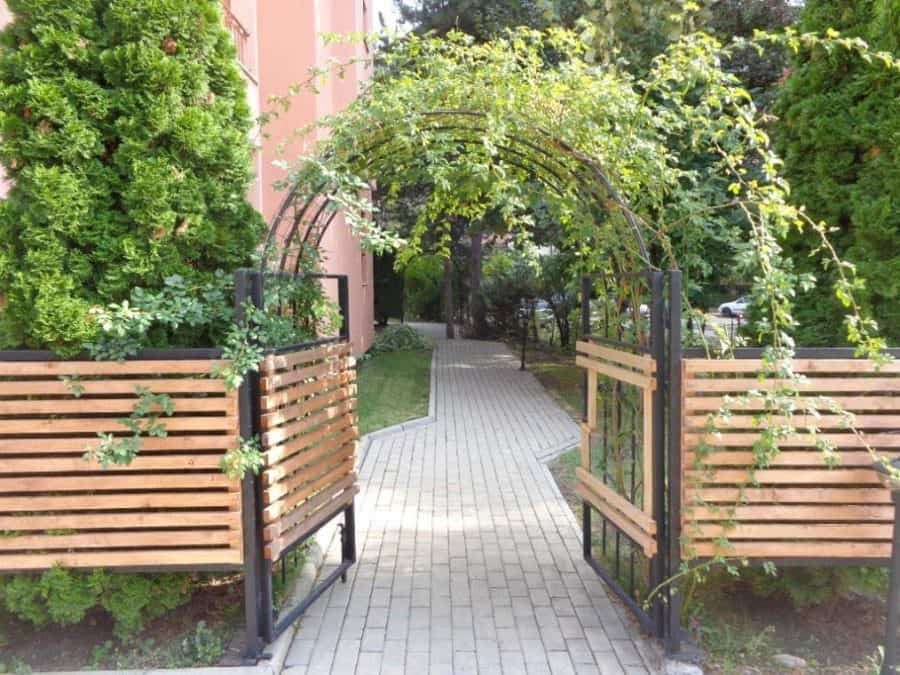 Beautiful garden entrance featuring lush greenery and a decorative arch, leading to a peaceful outdo.
