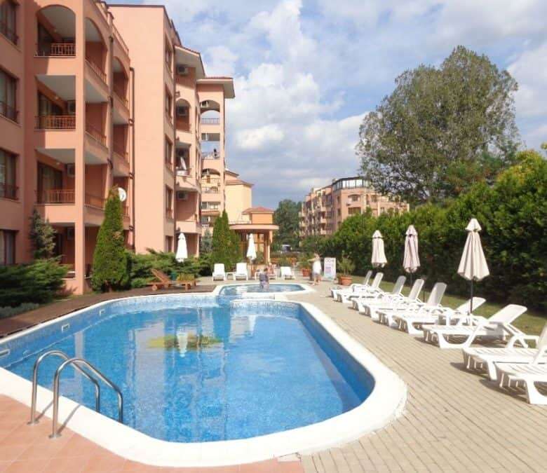 Pool area of a Sunflower apartment in Sunny Beach, Bulgaria.