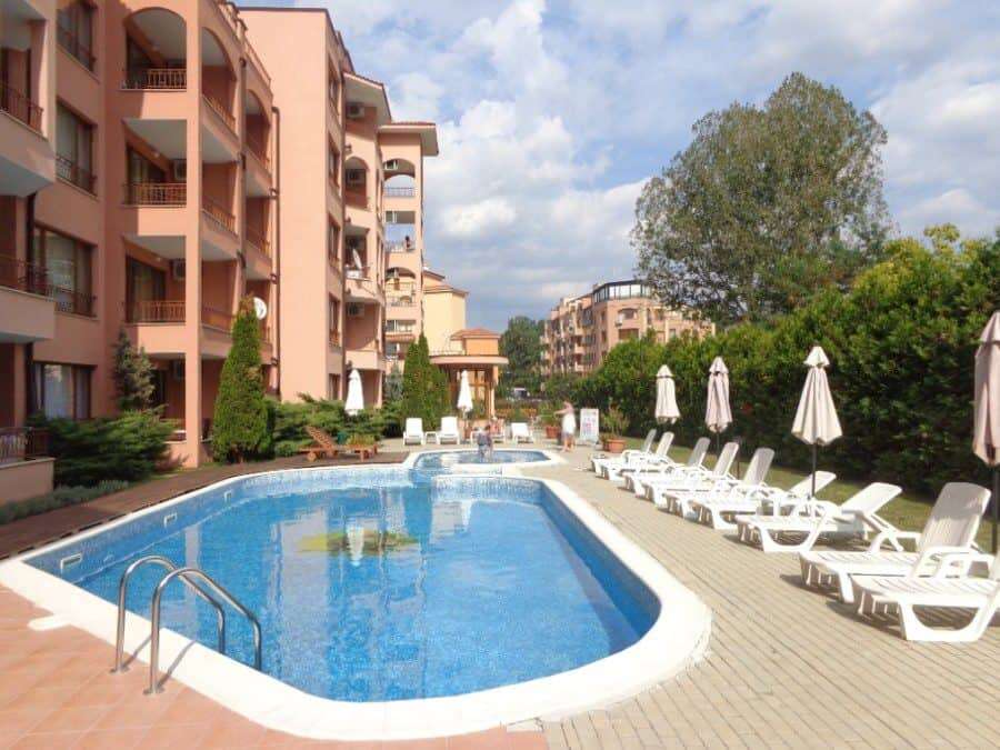 Pool area of a Sunflower apartment in Sunny Beach, Bulgaria.