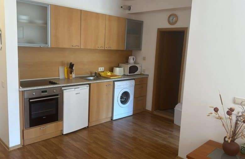 Furnished kitchen with appliances in Vineyards SPA Resort, near the sea.