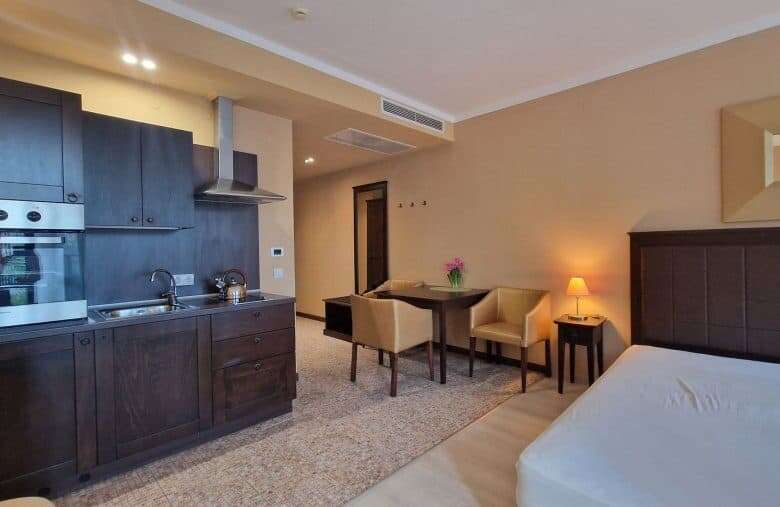 Bright studio apartment with pool view in Barcelo Royal Beach, Sunny Beach, featuring modern ameniti.