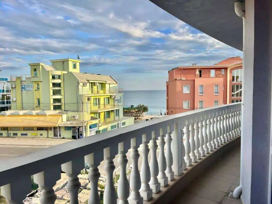 Sea view 1-bedroom apartment just 30m from the beach in Nessebar, offering stunning ocean vistas and.