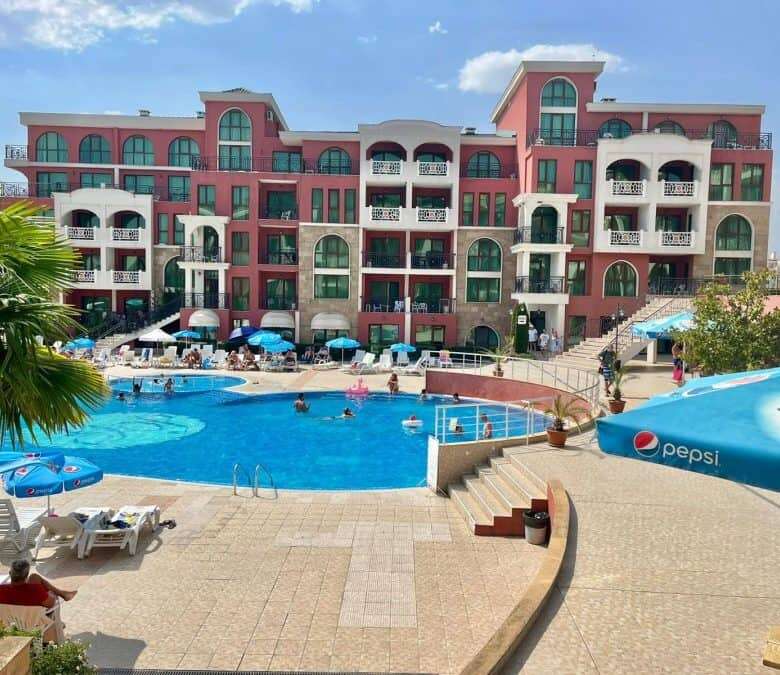 Luxury apartment complex near Sveti Vlas, Bulgaria, with a large swimming pool.