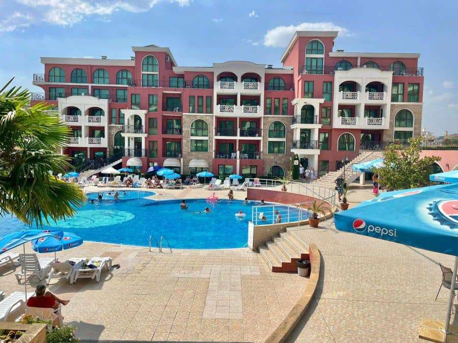 Luxury apartment complex near Sveti Vlas, Bulgaria, with a large swimming pool.