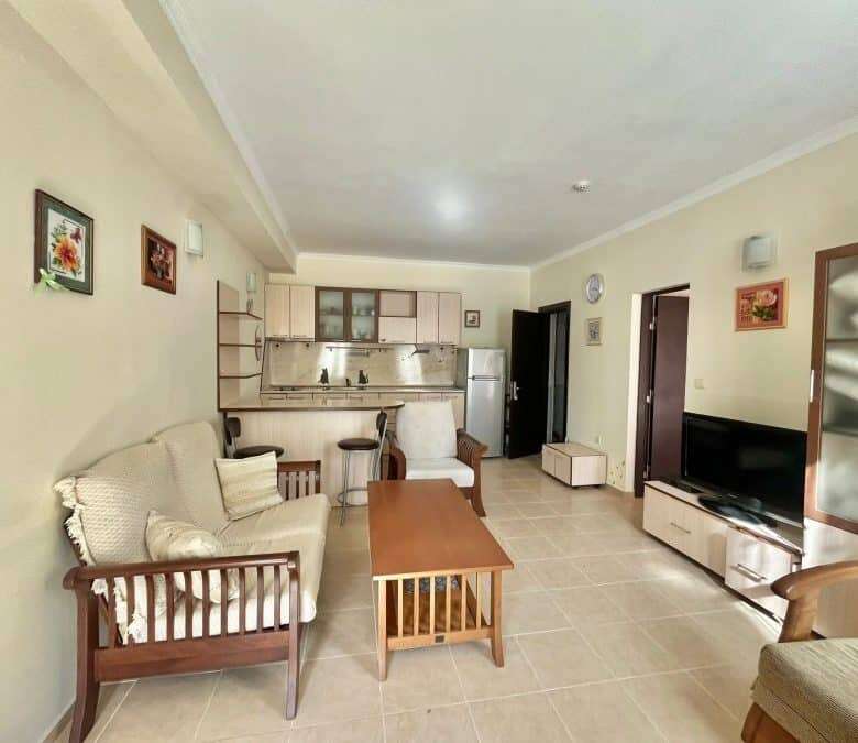 Bright living room with sofa, TV, and open kitchen area.