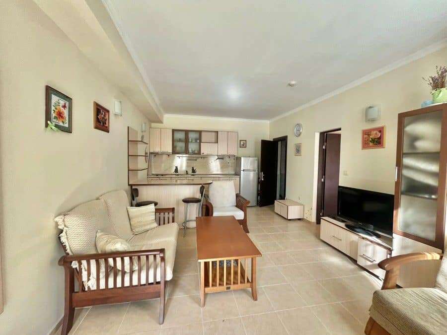 Bright living room with sofa, TV, and open kitchen area.