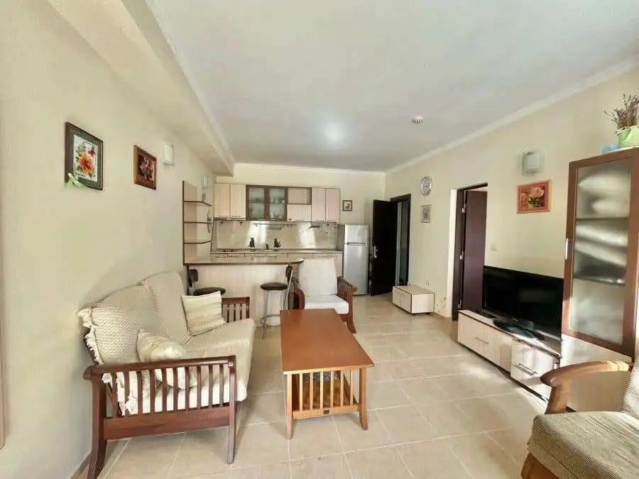 Bright living room with sofa, TV, and open kitchen area.