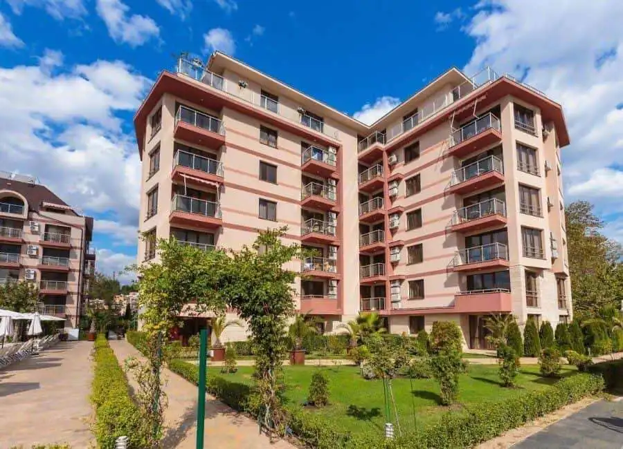 Club & Spa apartment building Bright 2 Bed 2 Bath apartment in Tarsis - Club & Spa, Sunny Beach, with scenic garden views.