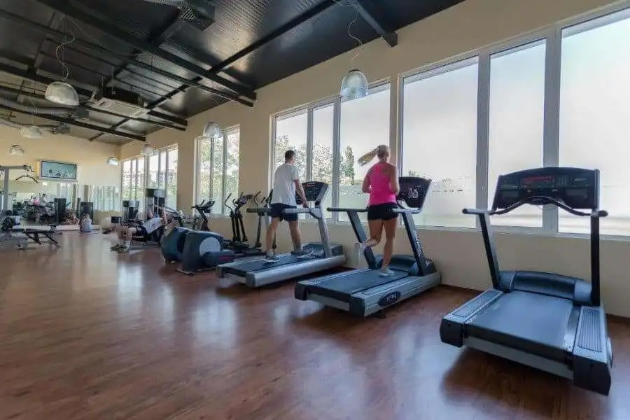 Modern gym with large windows and people exercising on treadmills. Gym with large windows and people running on treadmills for fitness.