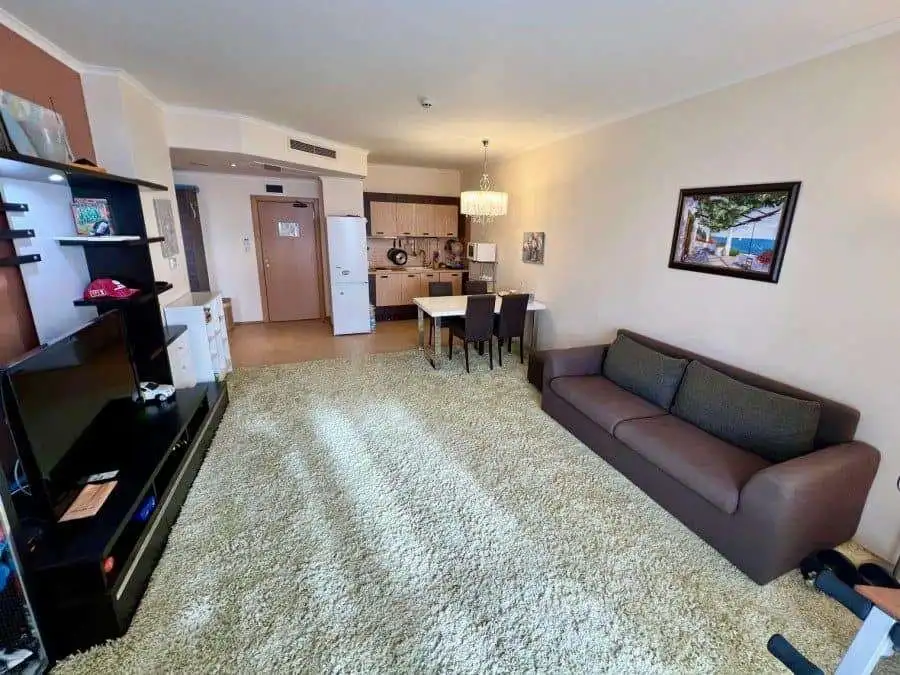 Spacious 1 BED Apartment with Sea Views in Majestic Bright living room with large windows overlooking the sea in Sunny Beach.