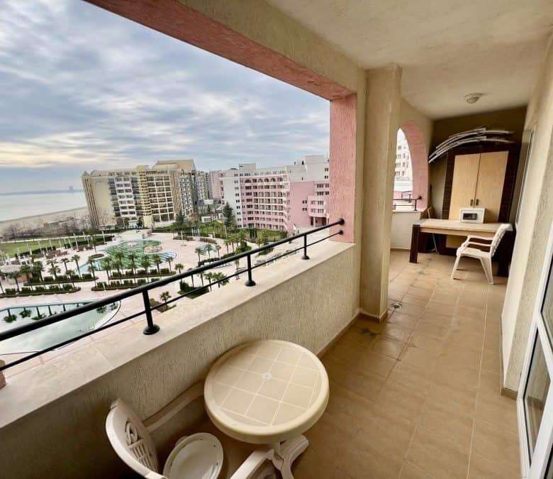 Sea view balcony of a large 1-bedroom apartment in Sunny Beach, Bulgaria.