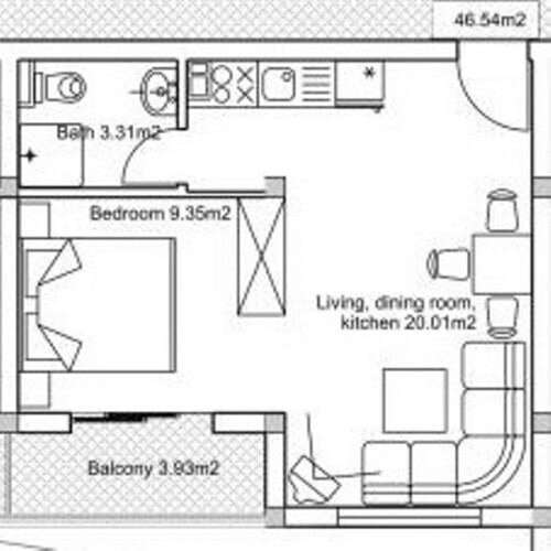 Floor plan of a fully furnished 46.5 sq.m. apartment in Sunny Day 5, ready to move in.