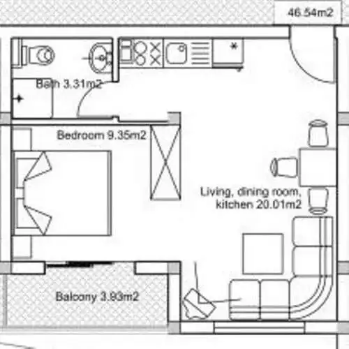 Floor plan of a fully furnished 46.5 sq.m. apartment in Sunny Day 5, ready to move in.